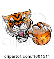 Poster, Art Print Of Vicious Tiger Sports Mascot Grabbing A Basketball