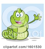Cartoon Caterpillar Mascot Character Waving Over Blue
