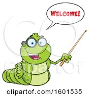 Cartoon Caterpillar Mascot Character Saying Welcome And Holding A Pointer Stick