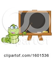 Cartoon Caterpillar Teacher Mascot Character Pointing To A Black Board