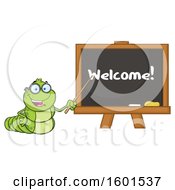 Cartoon Caterpillar Teacher Mascot Character Pointing To Welcome Text On A Black Board
