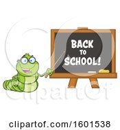 Cartoon Caterpillar Teacher Mascot Character Pointing To Back To School Text On A Black Board