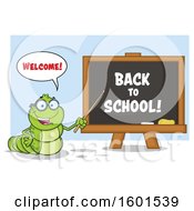 Cartoon Caterpillar Teacher Mascot Character Pointing To Back To School Text On A Black Board Over Blue