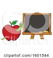 Poster, Art Print Of Cartoon Worm In An Apple By A Black Board
