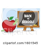 Poster, Art Print Of Cartoon Worm In An Apple By A Back To School Black Board