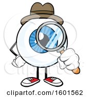 Poster, Art Print Of Cartoon Blue Eyeball Mascot Detective Character Looking Through A Magnifying Glass