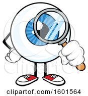 Cartoon Blue Eyeball Mascot Character Looking Through A Magnifying Glass