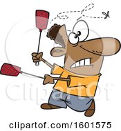 Cartoon Black Man Using Two Swatters To Try To Kill A Fly
