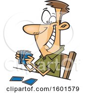 Cartoon Grinning White Man Holding A Good Hand Of Playing Cards