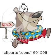 Cartoon Summer Bear Wearing An Inner Tube And Running To The Beach