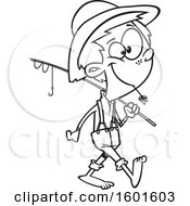 Cartoon Outline Boy Carrying A Fishing Pole