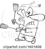Clipart Of A Cartoon Lineart Black Man Using Two Swatters To Try To Kill A Fly Royalty Free Vector Illustration