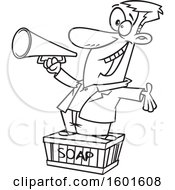 Cartoon Outline Man Using A Megaphone And Standing On A Soapbox