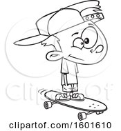Clipart Of A Cartoon Lineart Boy Skateboarding Royalty Free Vector Illustration