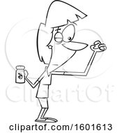 Clipart Of A Cartoon Lineart Skeptical Woman Looking At A Grain Of Salt Royalty Free Vector Illustration