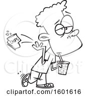 Clipart Of A Cartoon Lineart Boy Carelessly Littering Royalty Free Vector Illustration