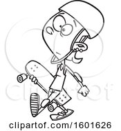 Clipart Of A Cartoon Lineart Teenage Skater Girl Carrying A Board Royalty Free Vector Illustration