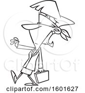 Clipart Of A Cartoon Lineart Blindfolded Business Woman Walking With A Hand Out Royalty Free Vector Illustration