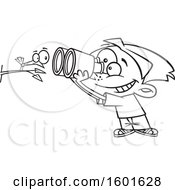 Cartoon Outline Boy Viewing A Bird Up Close With Binoculars