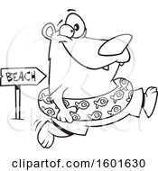 Poster, Art Print Of Cartoon Outline Summer Bear Wearing An Inner Tube And Running To The Beach