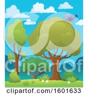 Clipart Of A Landscape With A Bird In A Tree Royalty Free Vector Illustration