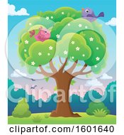 Poster, Art Print Of Blossoming Spring Tree With Birds At Dawn Or Sunset