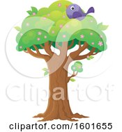 Clipart Of A Blossoming Spring Tree With A Bird Royalty Free Vector Illustration