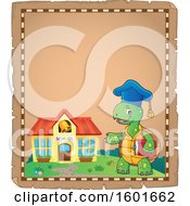 Clipart Of A Parchment Border Of A Cartoon Tortoise Turtle Professor Mascot Character Near A School Royalty Free Vector Illustration