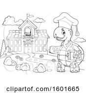 Poster, Art Print Of Cartoon Lineart Tortoise Turtle Professor Mascot Character Near A School