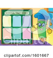 Poster, Art Print Of Green Pencil Professor Mascot Character Presenting A School Timetable