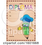 Poster, Art Print Of Green Pencil Professor Mascot Character Presenting On A Diploma