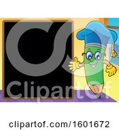 Clipart Of A Green Pencil Professor Mascot Character Presenting A Blackboard Royalty Free Vector Illustration