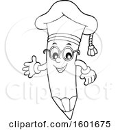 Clipart Of A Lineart Pencil Professor Mascot Character Presenting Royalty Free Vector Illustration
