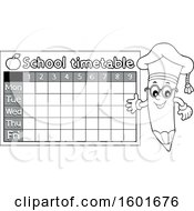 Clipart Of A Grayscale Pencil Professor Mascot Character Presenting A School Timetable Royalty Free Vector Illustration