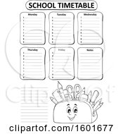 Poster, Art Print Of Lineart Pencil Pouch Character Full Of School Supplies On A Timetable