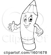Clipart Of A Lineart Pencil Mascot Character Presenting Royalty Free Vector Illustration