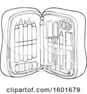 Clipart Of A Lineart Pencil Pouch Full Of School Supplies Royalty Free Vector Illustration
