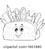 Clipart Of A Lineart Pencil Pouch Character Full Of School Supplies Royalty Free Vector Illustration
