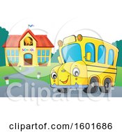 Poster, Art Print Of Cartoon Happy Yellow School Bus Mascot Character Near A Building