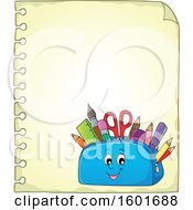Clipart Of A Pencil Pouch Character Full Of School Supplies On A Sheet Of Paper Royalty Free Vector Illustration