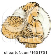 Poster, Art Print Of Sketched Female Russian Wheat Farmer Holding Fresh Harvested Stalks In A Circle