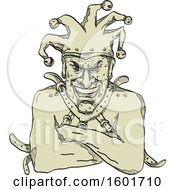 Clipart Of A Sketched Insane Harlequin Joker Fool Jester Wearing A Straitjacket Royalty Free Vector Illustration