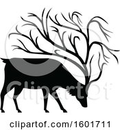 Poster, Art Print Of Black Silhouetted Buck Deer With Tree Like Antlers