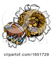 Poster, Art Print Of Tough Lion Sports Mascot Holding Out An American Football And Breaking Through A Wall