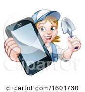 Poster, Art Print Of White Female Gardener Holding A Garden Trowel And Cell Phone Over A Sign