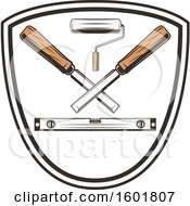Clipart Of A Shield With A Leveler Roller Paintbrush And Rasps Royalty Free Vector Illustration by Vector Tradition SM