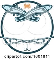 Poster, Art Print Of Round Frame With A Crab Sheatfish And Crossed Fishing Poles