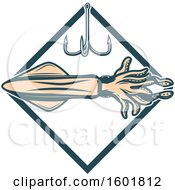Clipart Of A Squid And Fishing Hook In A Diamond Frame Royalty Free Vector Illustration