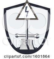 Clipart Of A Power Plant Shield Design With A Wrench And Sign Royalty Free Vector Illustration