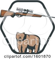 Poster, Art Print Of Hunting Rifle And Bear In A Hexagon Frame
